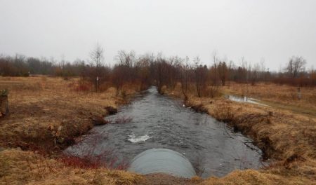 A metal culvert across a creek.