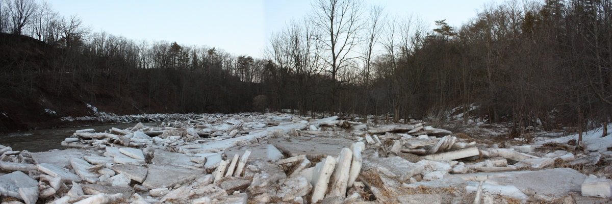 Ice jam along a river in the winter