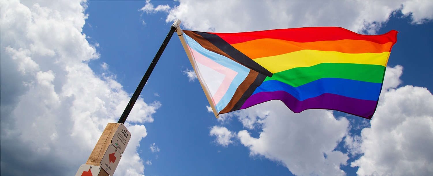 pride flag in the wind, blue skys and clouds are seen in the background