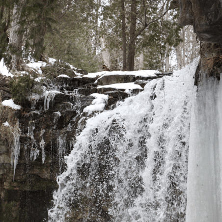 A close-up of one of Hilton Falls' waterfall in winter