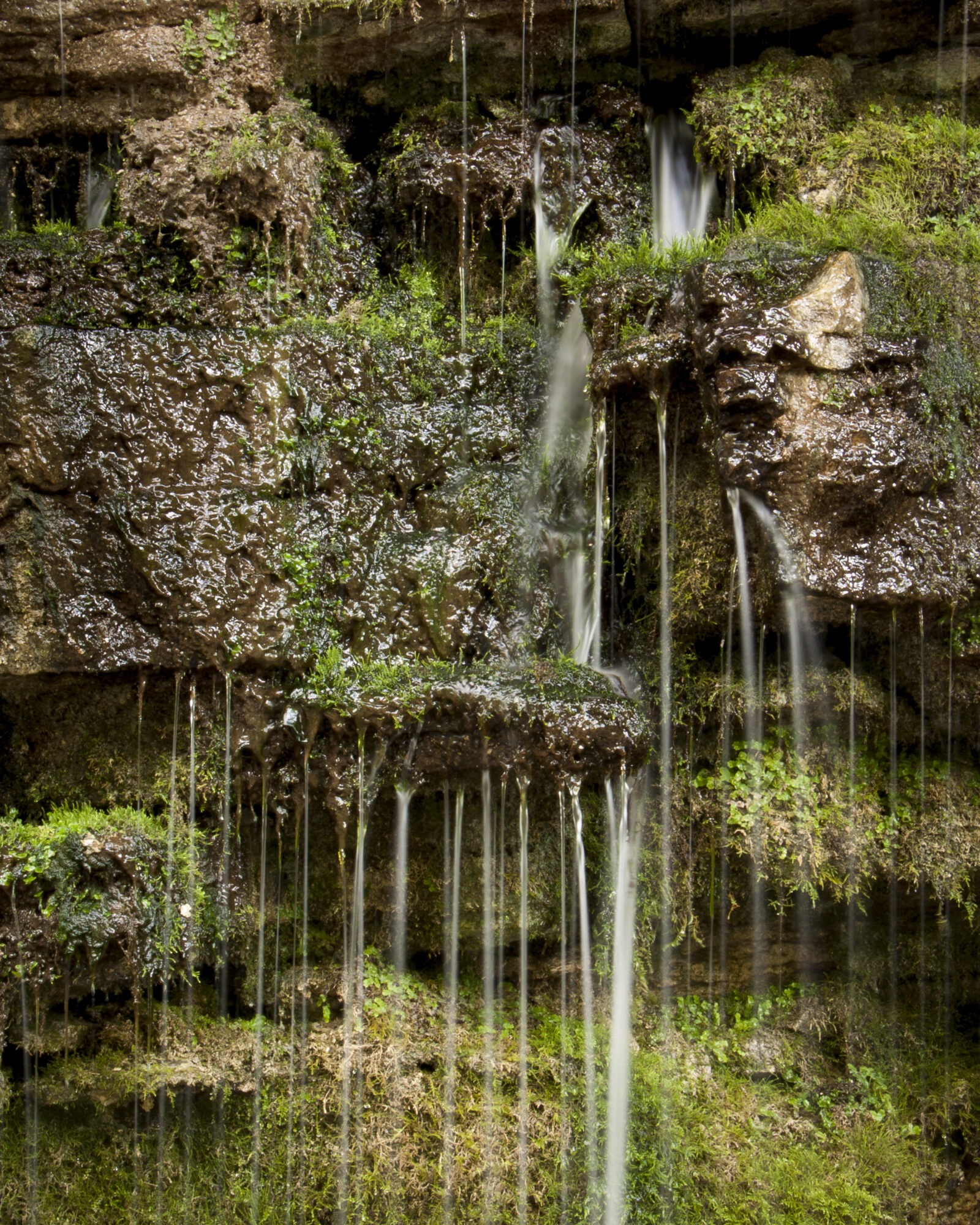 Water pouring over moss-covered limestone.