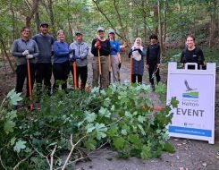 A group of community volunteers stand with invasive plants in a forest